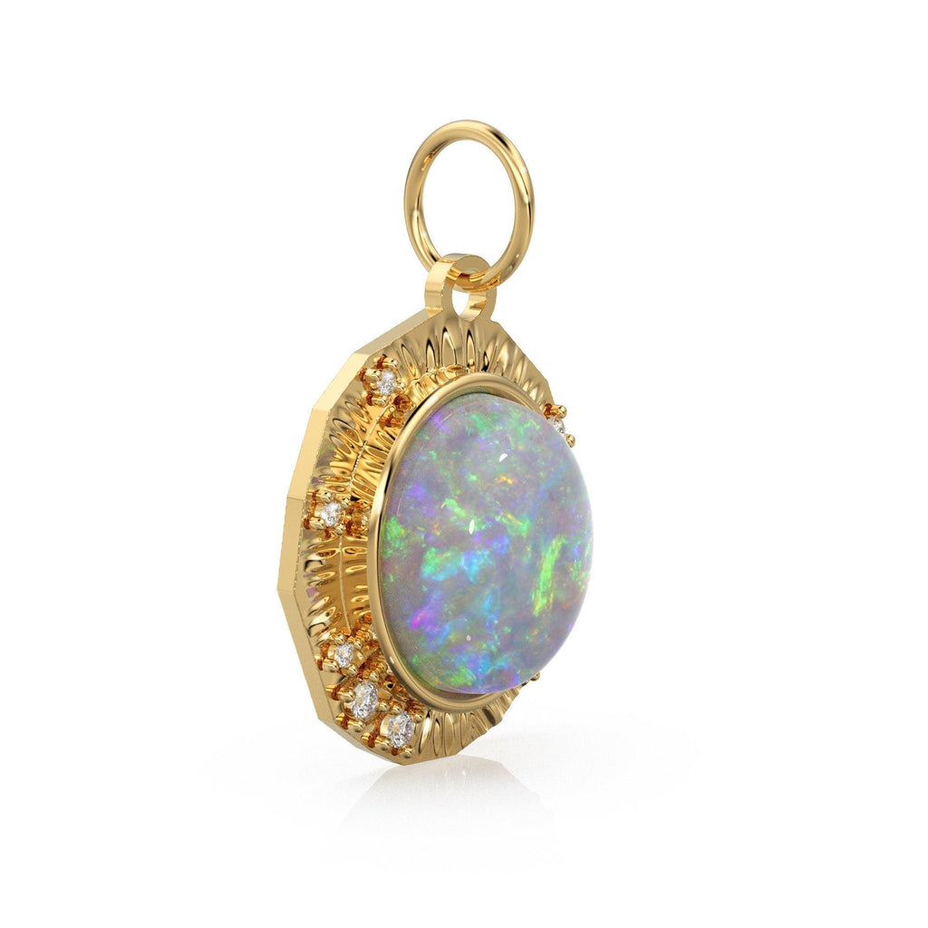 Australian Opal Diamonds Gold Pendant, Fire Opal Diamonds 14k Yellow Gold Charm, Opal Diamonds Halo Yellow Gold Necklace, June Birthstone - Jalvi & Co.