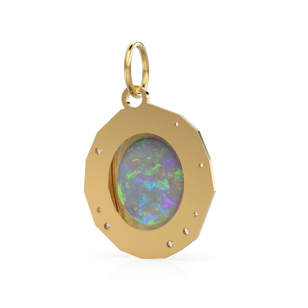 Australian Opal Diamonds Gold Pendant, Fire Opal Diamonds 14k Yellow Gold Charm, Opal Diamonds Halo Yellow Gold Necklace, June Birthstone - Jalvi & Co.