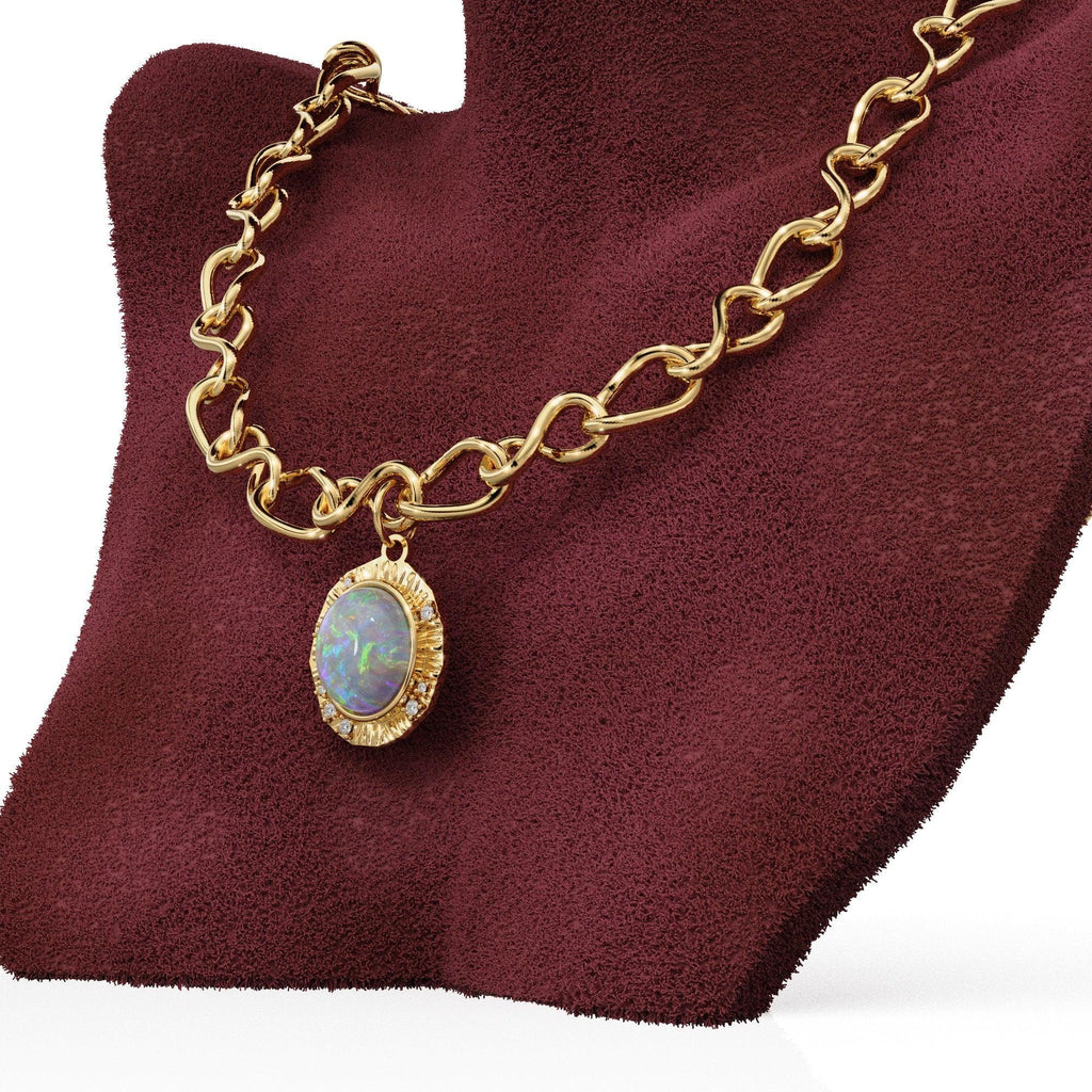 Australian Opal Diamonds Gold Pendant, Fire Opal Diamonds 14k Yellow Gold Charm, Opal Diamonds Halo Yellow Gold Necklace, June Birthstone - Jalvi & Co.