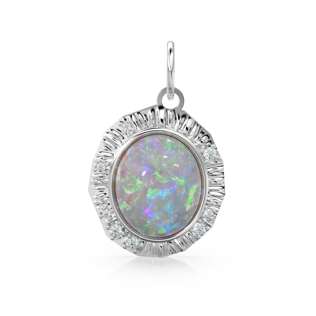 Australian Opal Diamonds Gold Pendant, Fire Opal Diamonds 14k Yellow Gold Charm, Opal Diamonds Halo Yellow Gold Necklace, June Birthstone - Jalvi & Co.