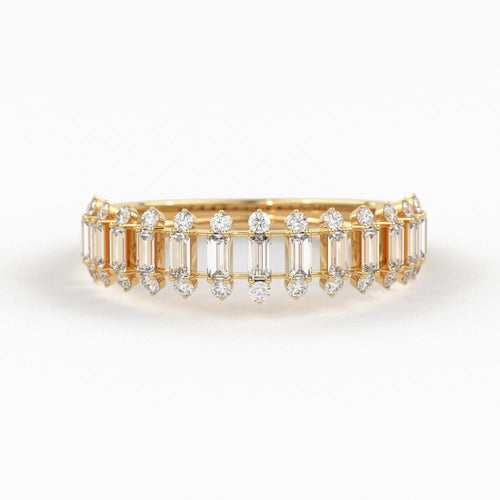 Baguette Diamond Anniversary Ring / 14k Gold Half Eternity Baguette and Round Diamond / Statement Brilliant Round Cut Ring - Jalvi & Co.