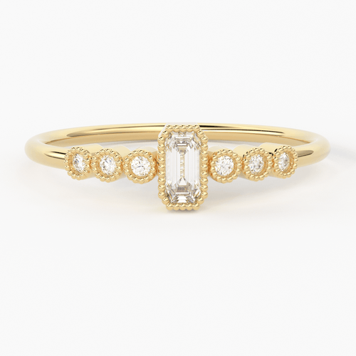 Baguette Diamond Ring / 14k Diamond Stackable Wedding Band / Round & Baguette Shape Diamond Ring / Round Milgrain Anniversary Band - Jalvi & Co.