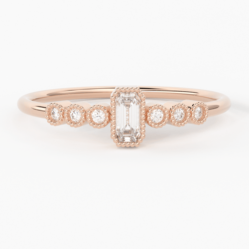 Baguette Diamond Ring / 14k Diamond Stackable Wedding Band / Round & Baguette Shape Diamond Ring / Round Milgrain Anniversary Band - Jalvi & Co.