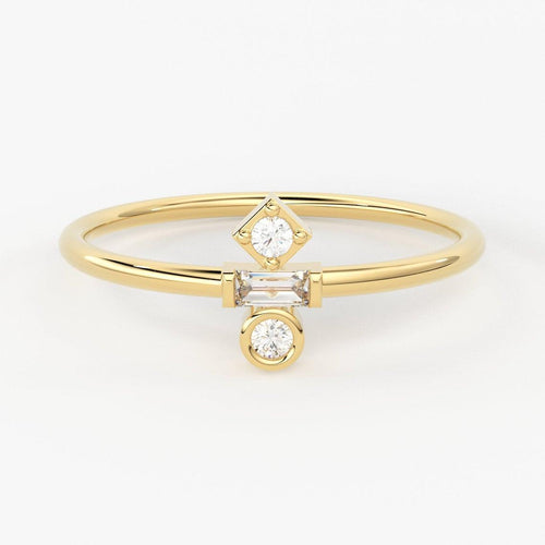 Baguette Diamond Ring / 14k Gold Baguette and Round Cut Diamond Ring / Minimalist Baguette Ring / Dainty Mix Diamond Ring - Jalvi & Co.