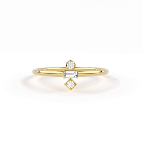 Baguette Diamond Ring / 14k Gold Baguette and Round Cut Diamond Ring / Minimalist Baguette Ring / Dainty Mix Diamond Ring - Jalvi & Co.