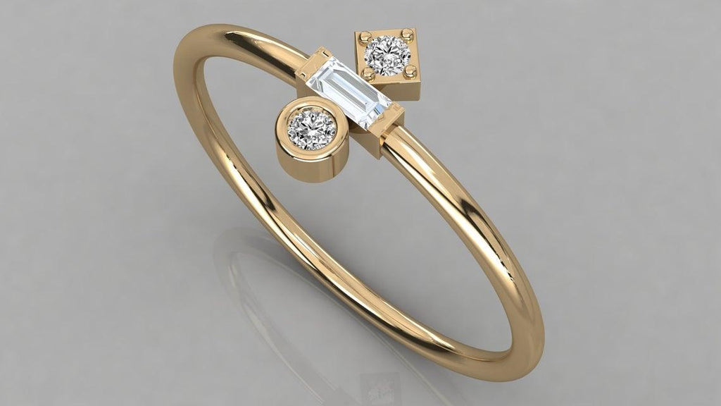 Baguette Diamond Ring / 14k Gold Baguette and Round Cut Diamond Ring / Minimalist Baguette Ring / Dainty Mix Diamond Ring - Jalvi & Co.