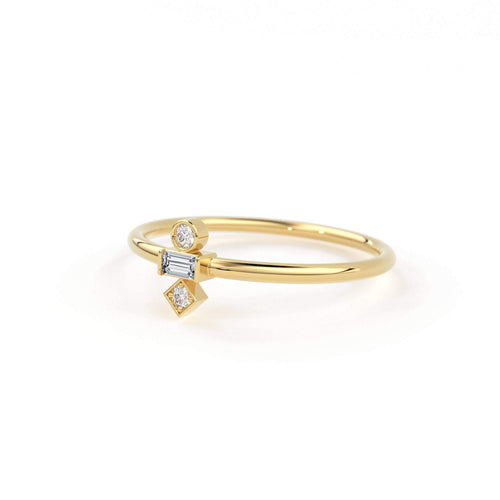 Baguette Diamond Ring / 14k Gold Baguette and Round Cut Diamond Ring / Minimalist Baguette Ring / Dainty Mix Diamond Ring - Jalvi & Co.