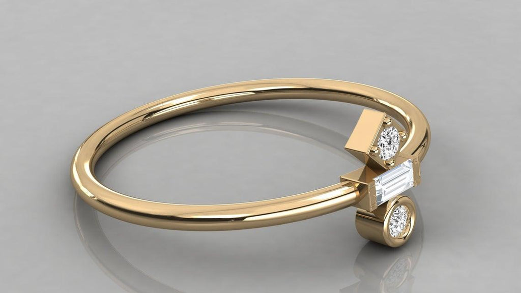 Baguette Diamond Ring / 14k Gold Baguette and Round Cut Diamond Ring / Minimalist Baguette Ring / Dainty Mix Diamond Ring - Jalvi & Co.