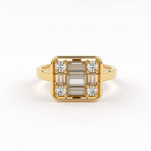 Load image into Gallery viewer, Baguette Diamond Ring / 14k Gold Baguette and Round Cut Diamond Ring / Statement Baguette Ring / Designer Mix Diamond Ring - Jalvi &amp; Co.