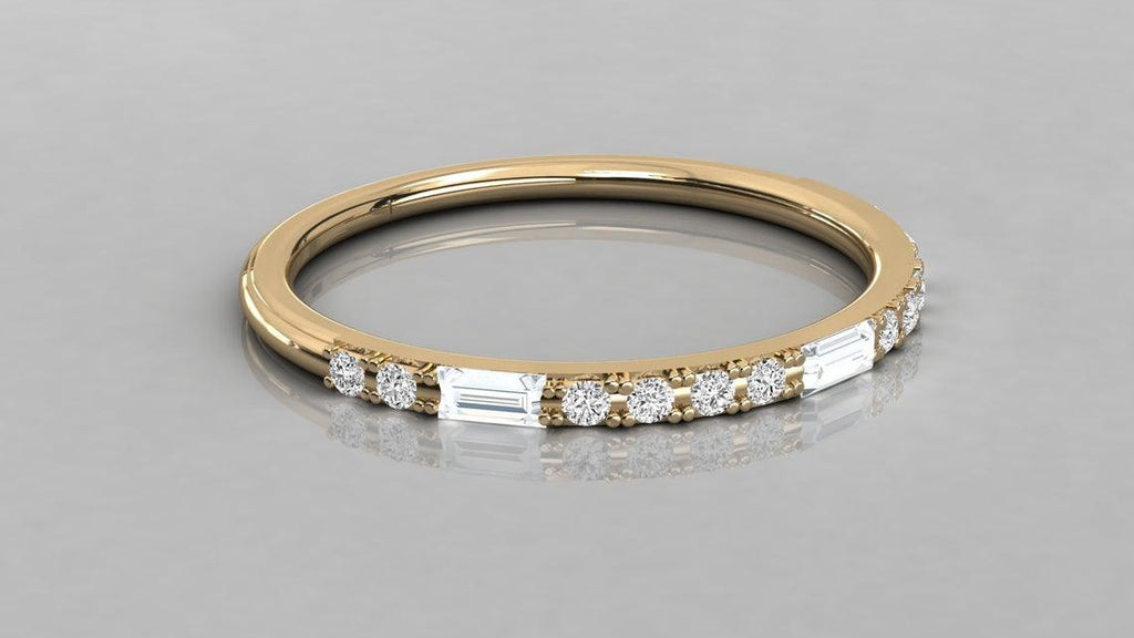 Baguette Diamond Ring / 14k Gold Baguette and Round Cut Diamond Wedding Band / Half Eternity / Stackable Diamond Ring / Mother's Day Sale - Jalvi & Co.