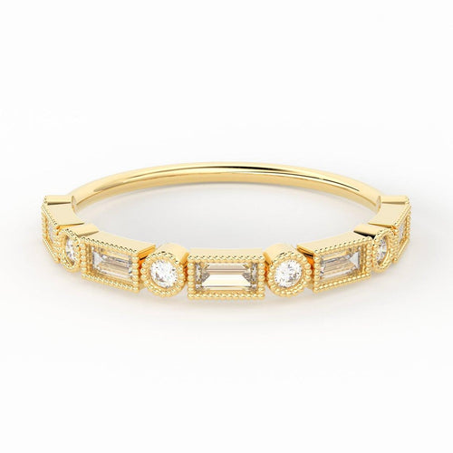 Baguette Diamond Ring / 14k Gold Baguette & Round Diamond Milgrain Bezel Half Eternity Ring / Diamond Stacking Ring / Diamond Wedding Band - Jalvi & Co.