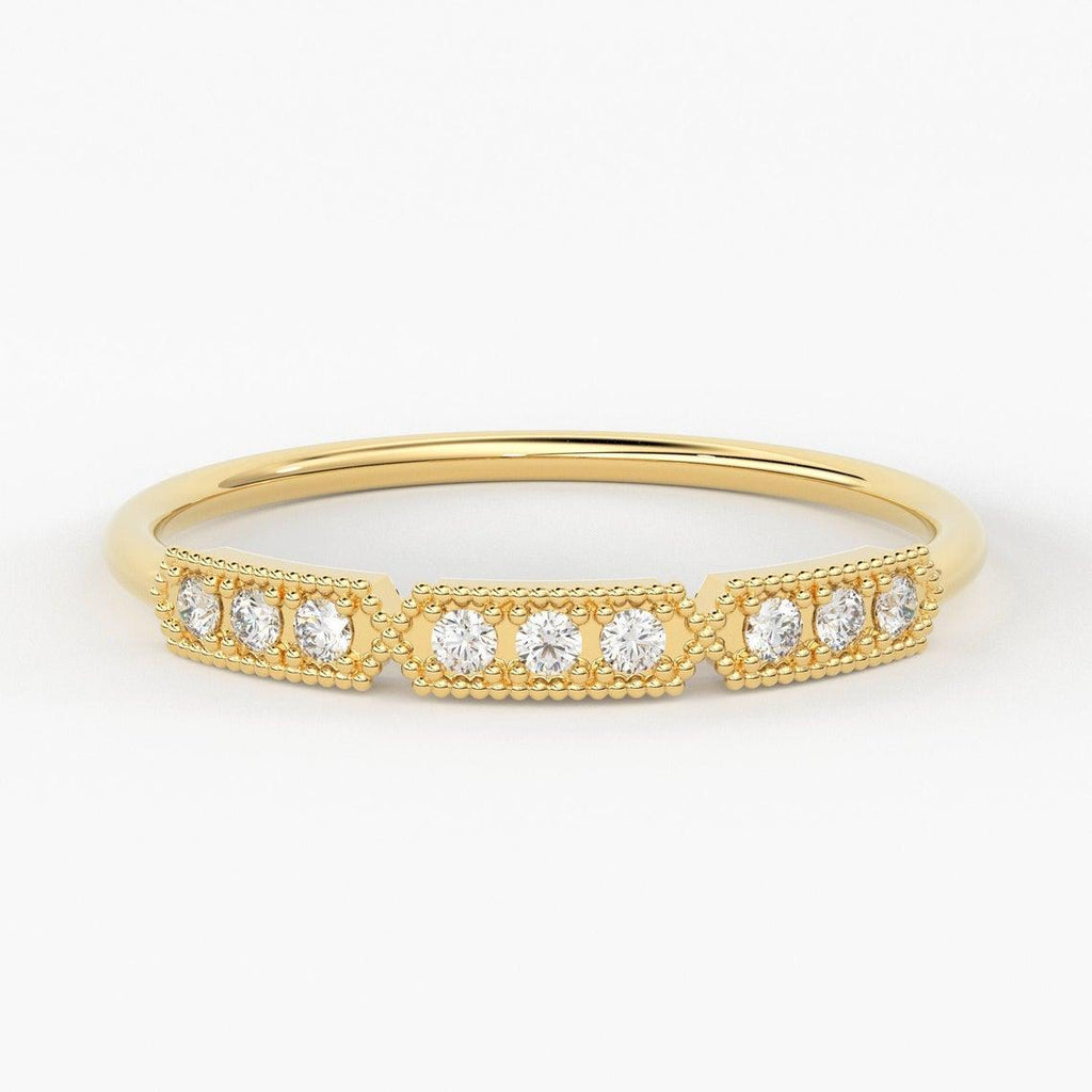 Baguette Diamond Ring / 14k Gold Baguette & Round Diamond Milgrain Bezel Ring / Diamond Stacking Ring / Diamond Wedding Band - Jalvi & Co.