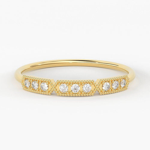 Baguette Diamond Ring / 14k Gold Baguette & Round Diamond Milgrain Bezel Ring / Diamond Stacking Ring / Diamond Wedding Band - Jalvi & Co.