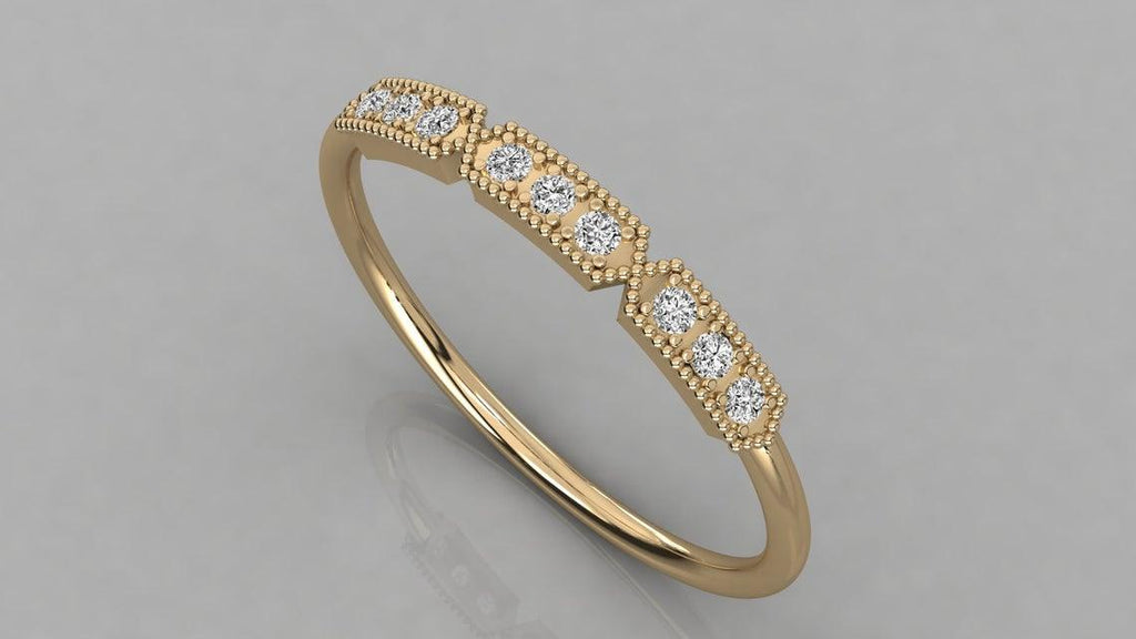 Baguette Diamond Ring / 14k Gold Baguette & Round Diamond Milgrain Bezel Ring / Diamond Stacking Ring / Diamond Wedding Band - Jalvi & Co.