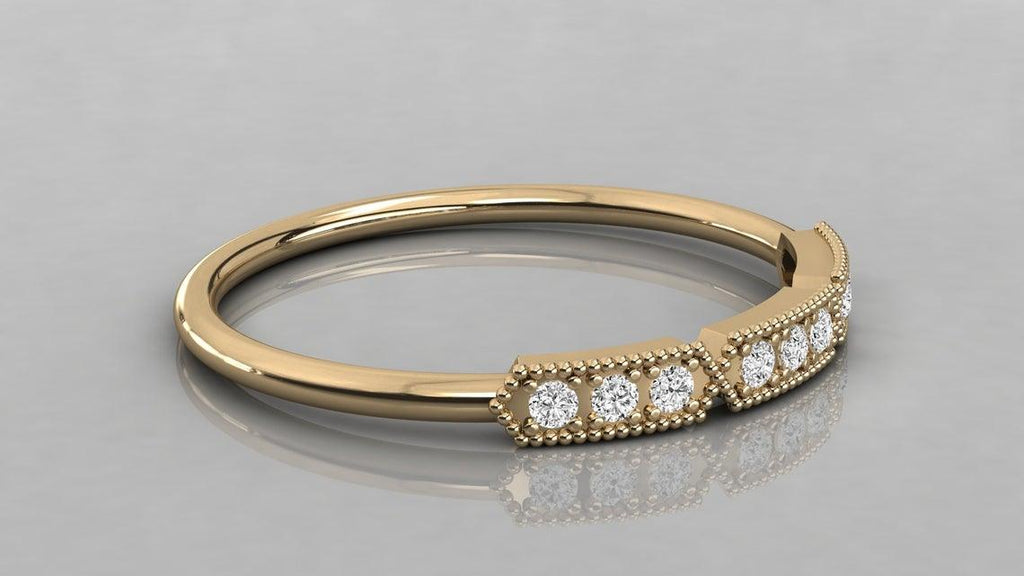 Baguette Diamond Ring / 14k Gold Baguette & Round Diamond Milgrain Bezel Ring / Diamond Stacking Ring / Diamond Wedding Band - Jalvi & Co.