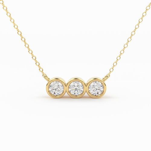 Bezel Set Diamond Necklace / 14k gold 3 bezel set diamond horizontal bar necklace with 3pt white diamonds/ Trio Dainty Diamond Necklace - Jalvi & Co.