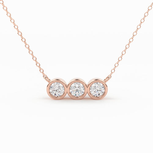 Bezel Set Diamond Necklace / 14k gold 3 bezel set diamond horizontal bar necklace with 3pt white diamonds/ Trio Dainty Diamond Necklace - Jalvi & Co.