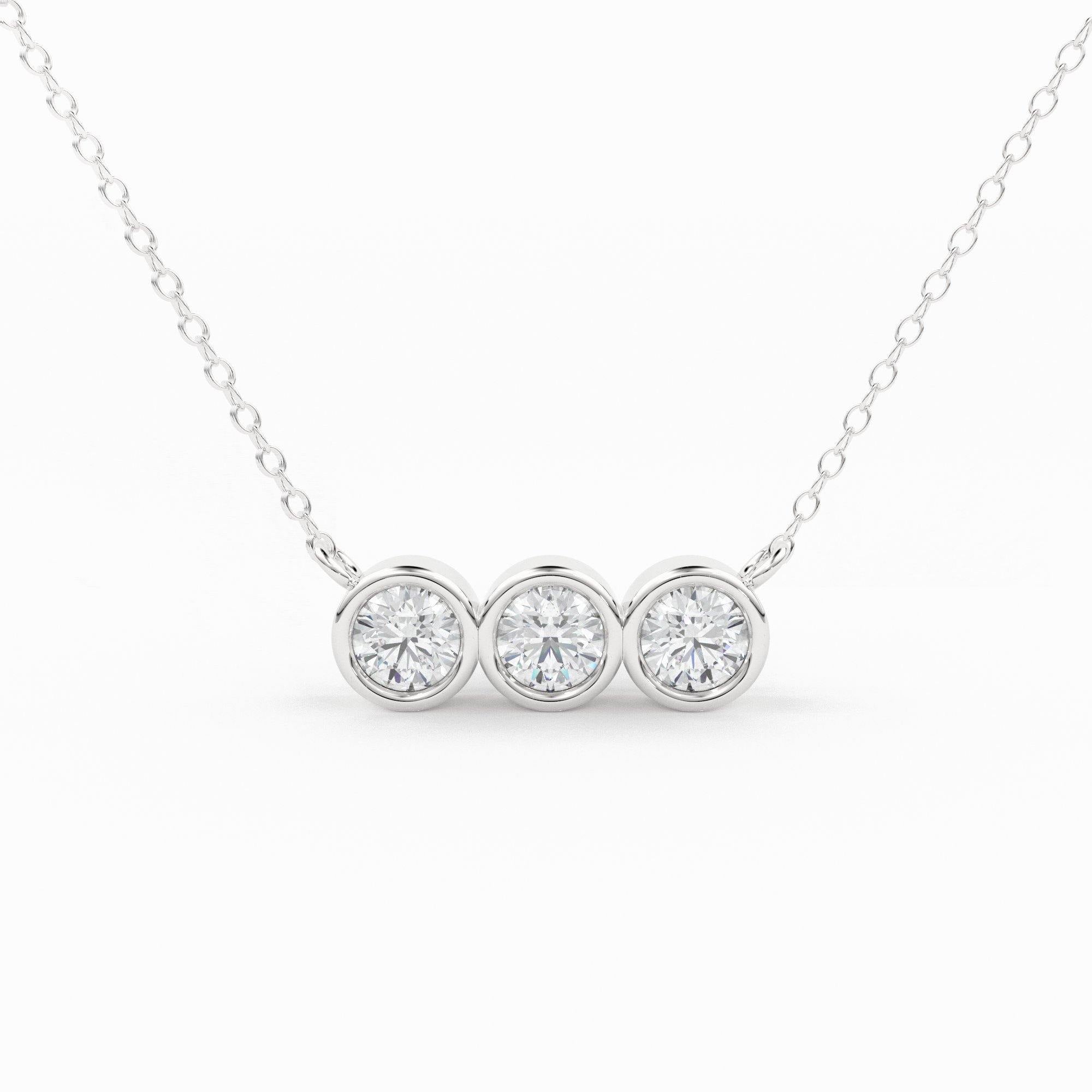 Customized 3 Stone Round Brilliant Diamond 18K White Gold Necklace | Zcova