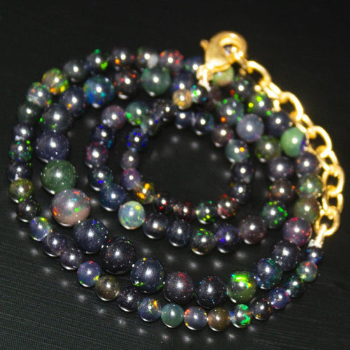 Black Ethiopian Opal Gemstone Gold Filled Ball Round Beads Necklace 18