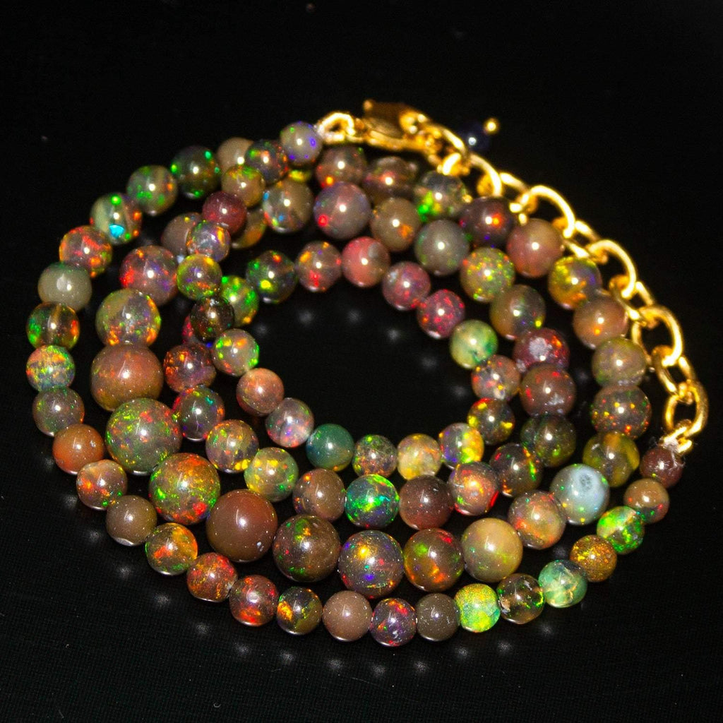 Black Ethiopian Opal Round Ball Gold Plated Gemstone Beads Necklace 18" - Jalvi & Co.