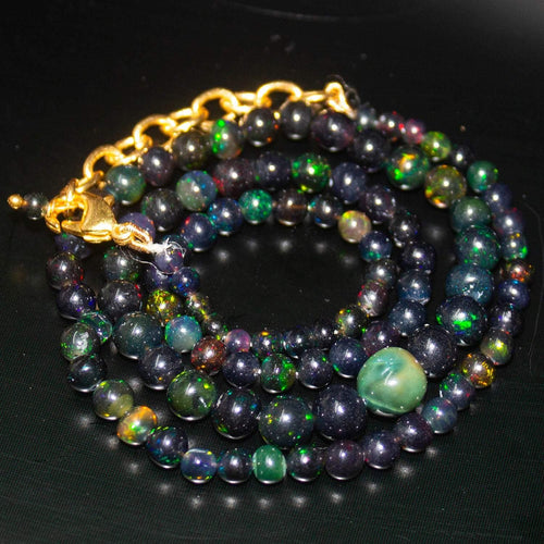 Black Ethiopian Opal Round Ball Gold Plated Gemstone Beads Necklace 18