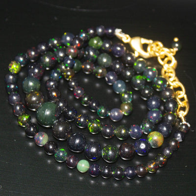 Black Ethiopian Opal Round Ball Gold Plated Gemstone Beads Necklace 18