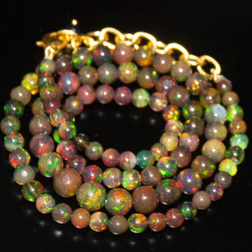 Black Ethiopian Opal Round Ball Gold Plated Gemstone Beads Necklace 18