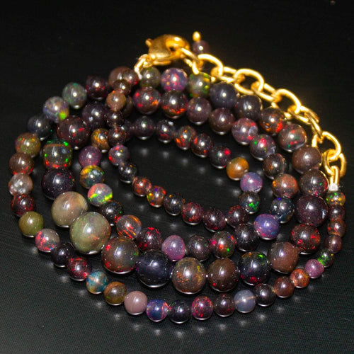 Black Ethiopian Opal Round Ball Gold Plated Gemstone Beads Necklace 3mm 7mm 18