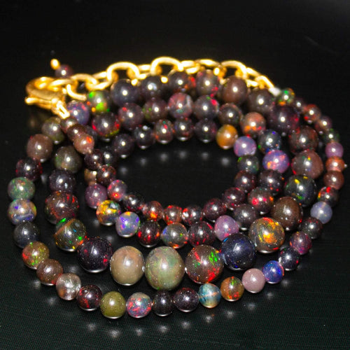 Black Ethiopian Opal Round Ball Gold Plated Gemstone Beads Necklace 3mm 7mm 18