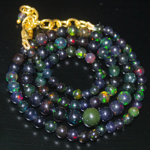Black Ethiopian Opal Round Ball Gold Plated Gemstone Beads Necklace 3mm 7mm 18