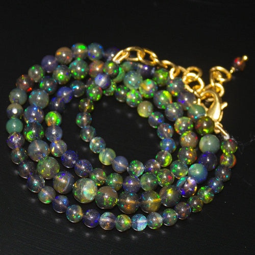 Black Ethiopian Opal Round Ball Gold Plated Gemstone Beads Necklace 4mm 6mm 19