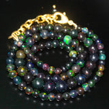 Black Ethiopian Opal Round Ball Gold Plated Gemstone Beads Necklace 4mm 7mm 18