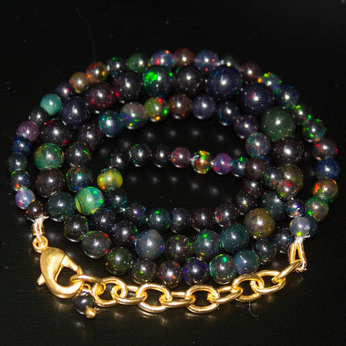 Black Ethiopian Opal Round Ball Gold Plated Gemstone Beads Necklace 4mm 7mm 18