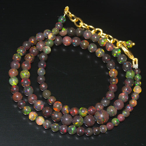 Black Ethiopian Opal Round Ball Gold Plated Gemstone Beads Necklace 4mm 7mm 20