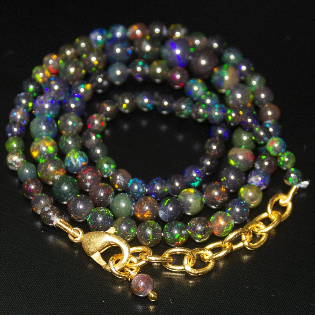 Black Ethiopian Opal Round Ball Gold Vermeil Gemstone Beads Necklace 18" 4mm 6mm - Jalvi & Co.