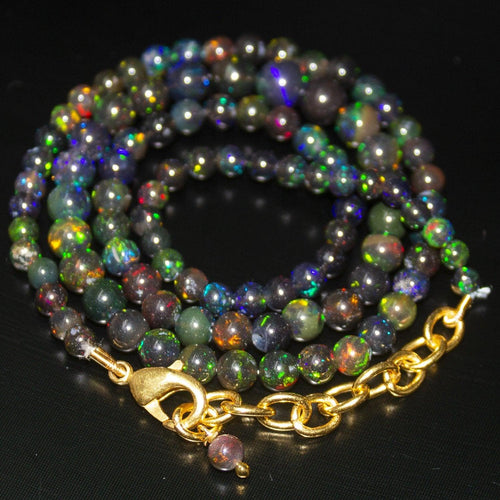 Black Ethiopian Opal Round Ball Gold Vermeil Gemstone Beads Necklace 18