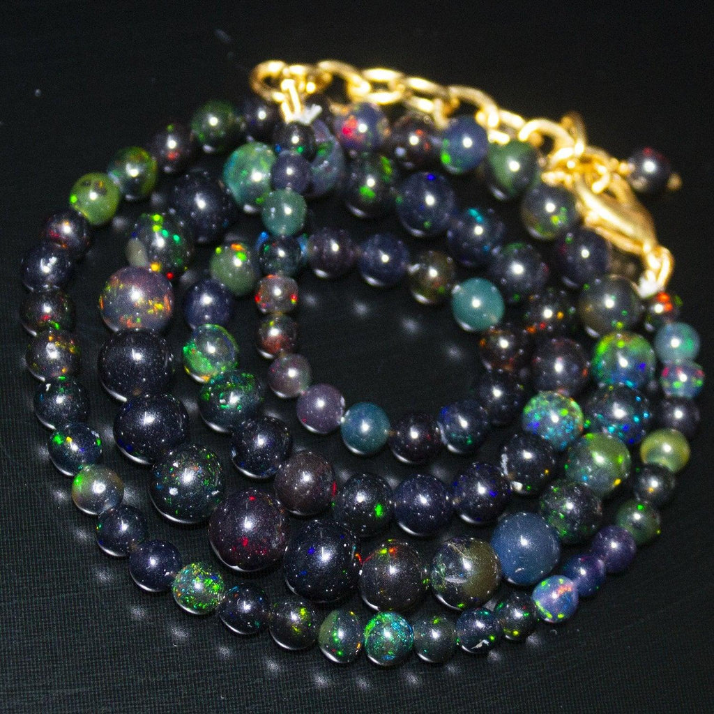 Black Ethiopian Opal Round Ball Gold Vermeil Gemstone Beads Necklace 18" 4mm 6mm - Jalvi & Co.