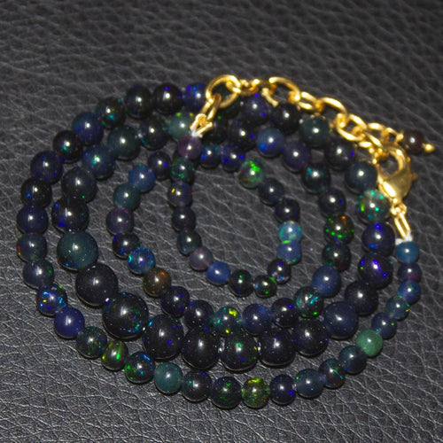 Black Ethiopian Opal Round Gold Plated Gemstone Beads Necklace 3mm 6.5mm 18