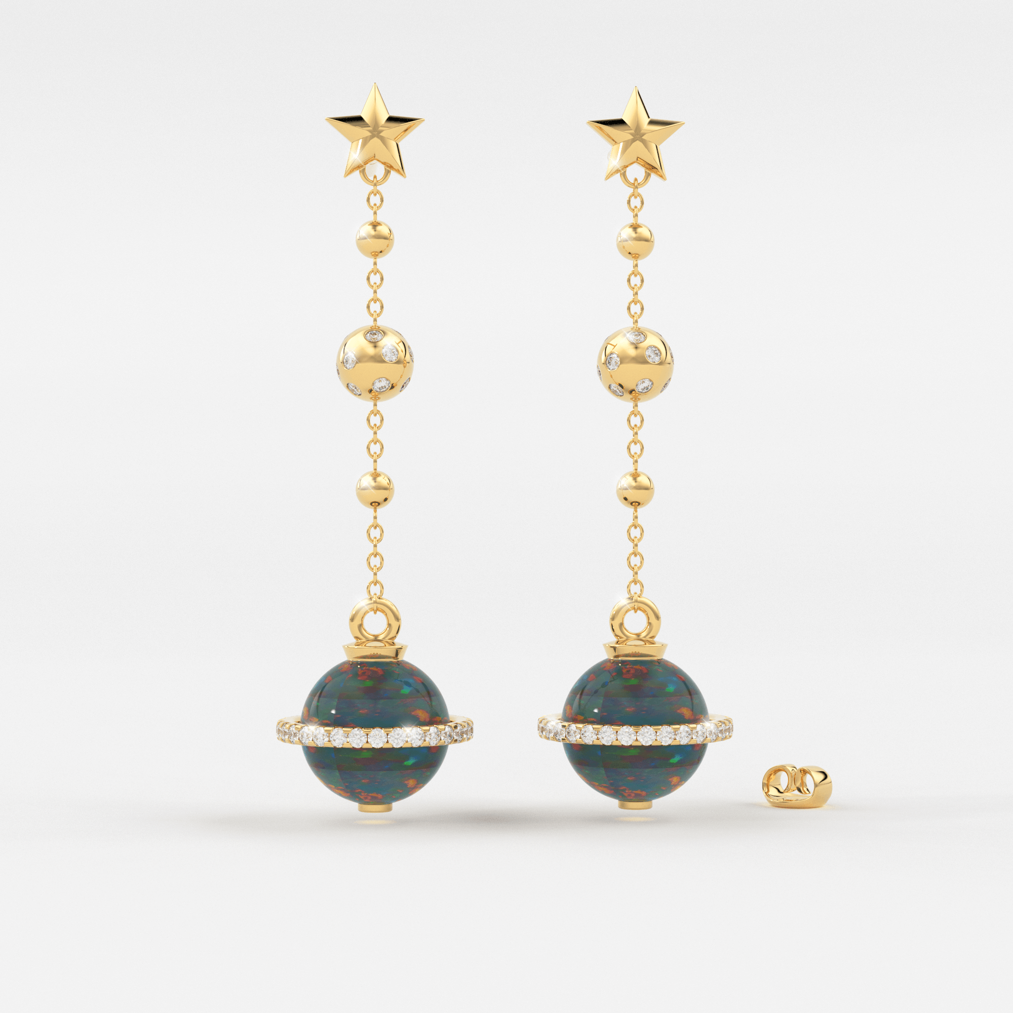 Jalvi Co. Black Opal Planet Earrings Opal Drop Earrings Saturn Diamond Earrings Natural Opal Dangle Earrings Luxury Jewelry 14kt Rose Gold Single Stud