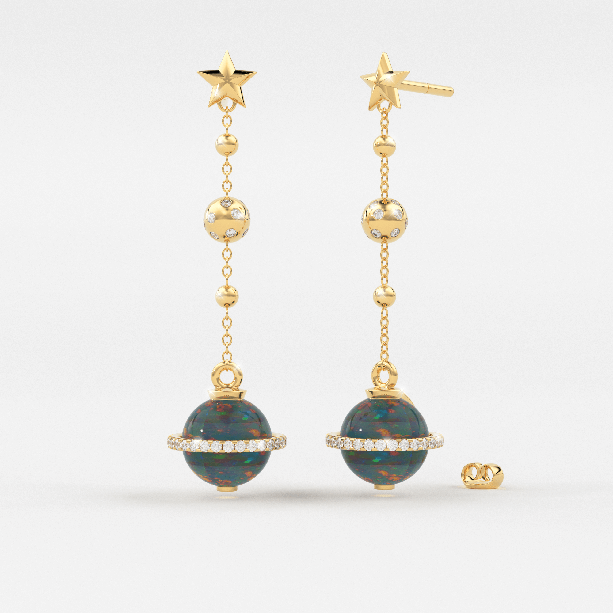 Black Opal Planet Earrings Opal Drop Earrings Saturn Diamond