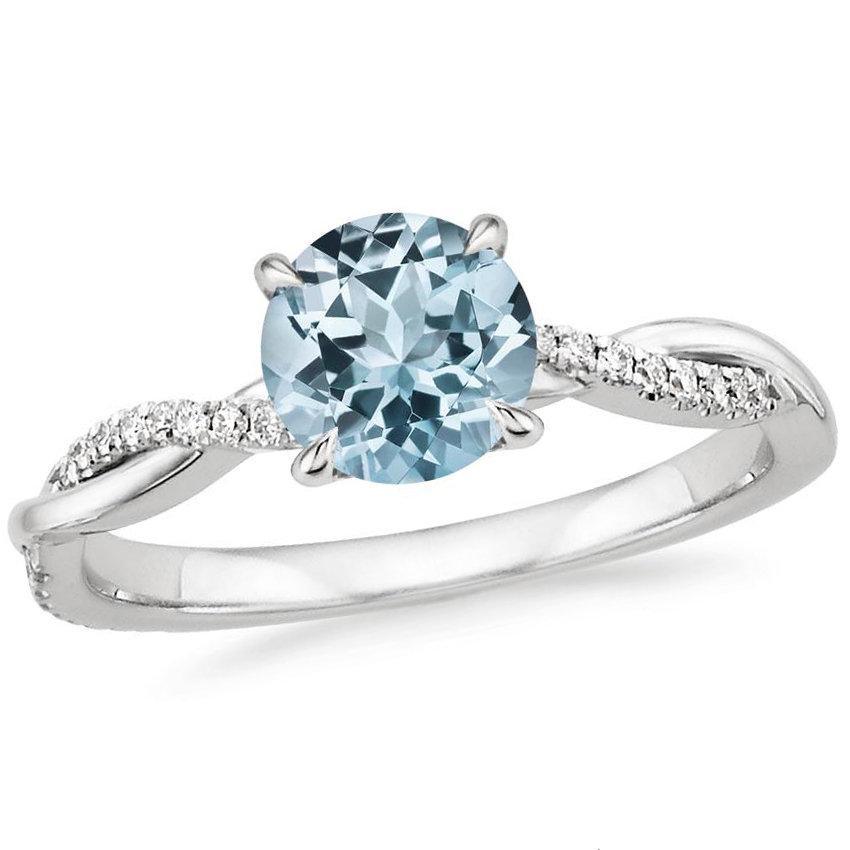 Blue Aquamarine Diamond Ring 18K White Gold Petite Twisted Vine Round 6mm - Jalvi & Co.