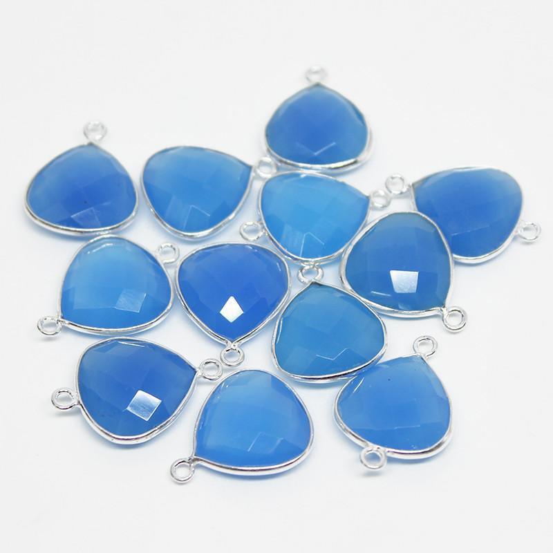 Blue Chalcedony Checker Heart Faceted 925 Sterling Silver Connector 2pc 18mm - Jalvi & Co.
