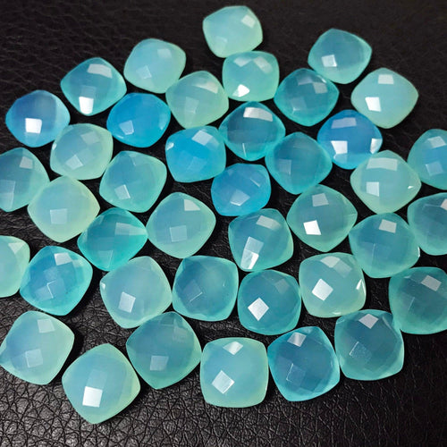 Blue Chalcedony Faceted Checker Cushion Gemstone Beads Matching Pair 6pc 10mm - Jalvi & Co.