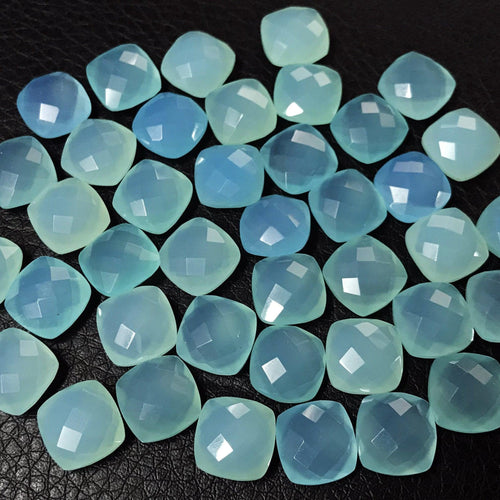 Blue Chalcedony Faceted Checker Cushion Gemstone Beads Matching Pair 6pc 10mm - Jalvi & Co.