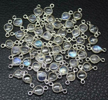 Load image into Gallery viewer, Blue Flash Rainbow Moonstone Heart 925 Sterling Silver Bezel Connector 5pc 14mm - Jalvi &amp; Co.