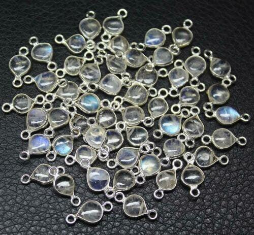 Blue Flash Rainbow Moonstone Heart 925 Sterling Silver Bezel Connector 5pc 14mm - Jalvi & Co.