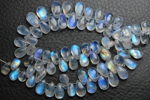Blue Flashy Rainbow Moonstone Smooth Pear Drop Briolette Pair Beads 10mm - Jalvi & Co.