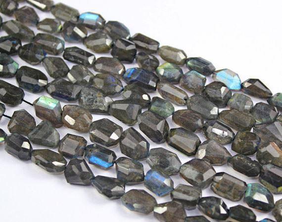 Blue Grey Flash Fire Labradorite Faceted Tumble Nugget Bead Strand 9" 11mm 18mm - Jalvi & Co.