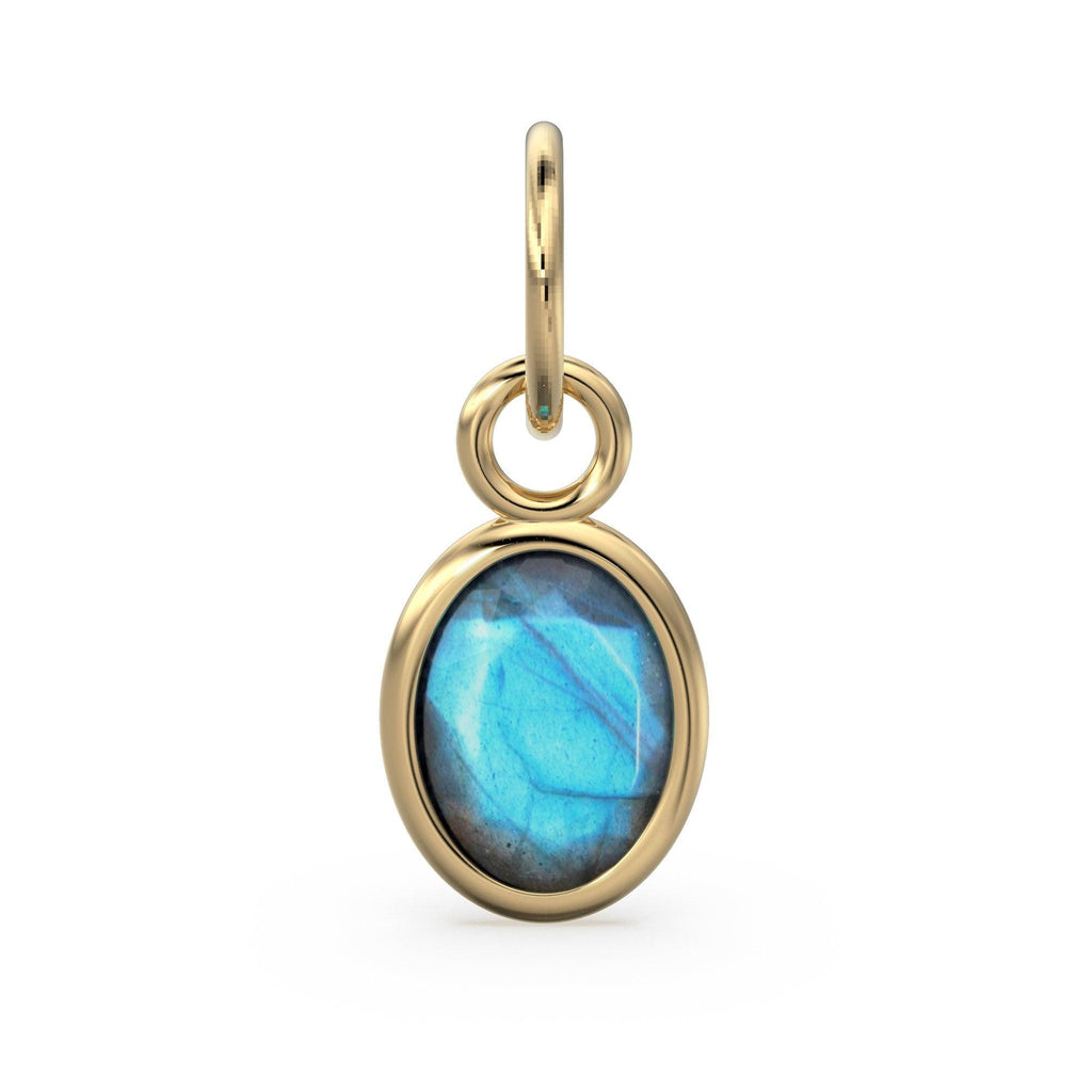 Blue Labradorite Oval Solid Gold Charm / Natural Fire Gemstone Handmade Gold Pendant / 1pc 14k Solid Yellow Gold Jewelry Making FindingsSALE - Jalvi & Co.