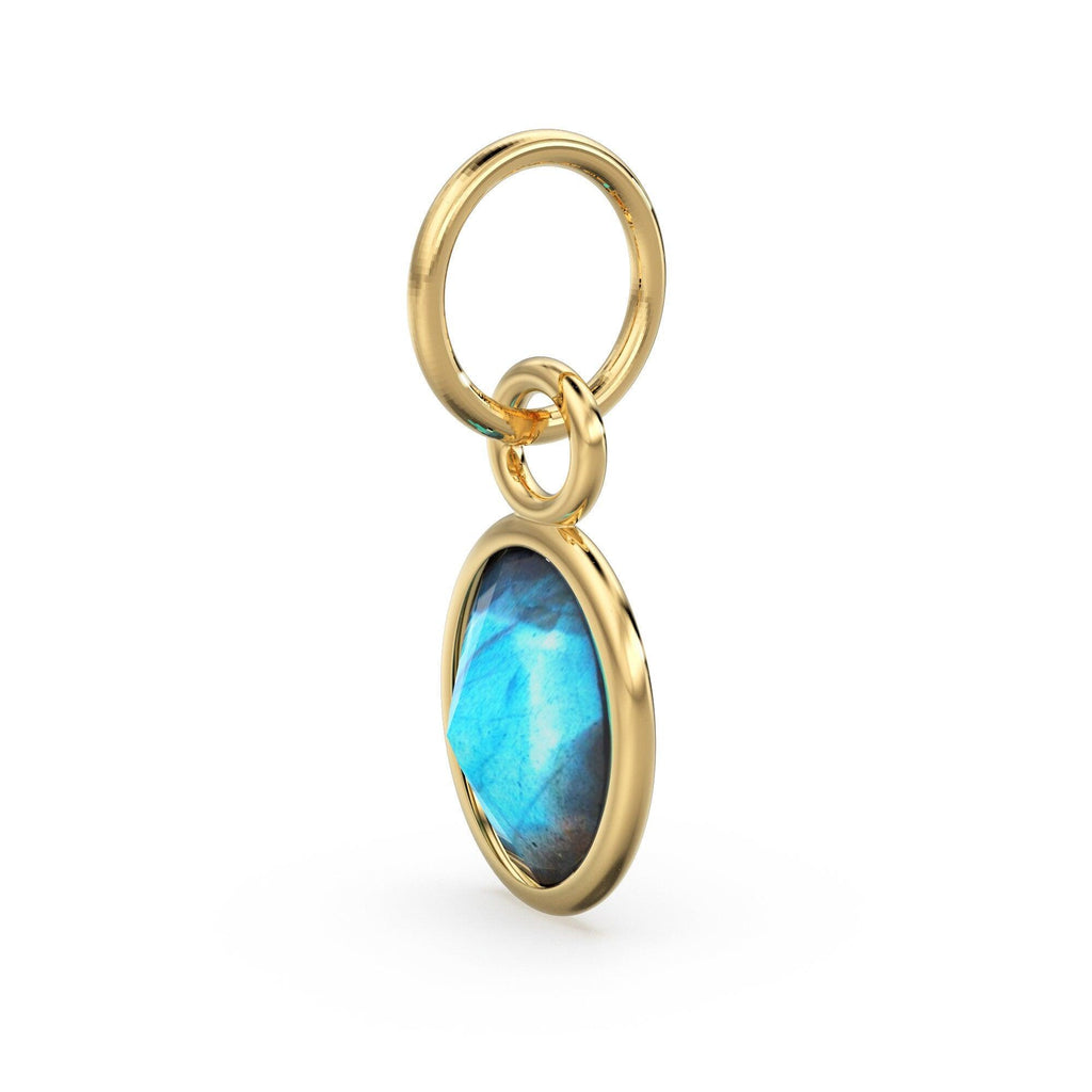 Blue Labradorite Oval Solid Gold Charm / Natural Fire Gemstone Handmade Gold Pendant / 1pc 14k Solid Yellow Gold Jewelry Making FindingsSALE - Jalvi & Co.